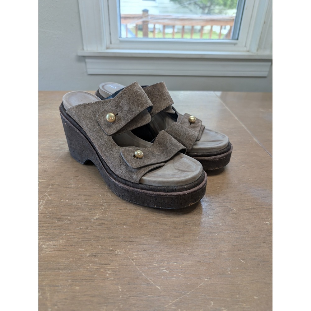 Rag & Bone Sommer Suede Wedge Slide Sandals Taupe Gold Studs Women's 40 platform - Picture 2 of 11